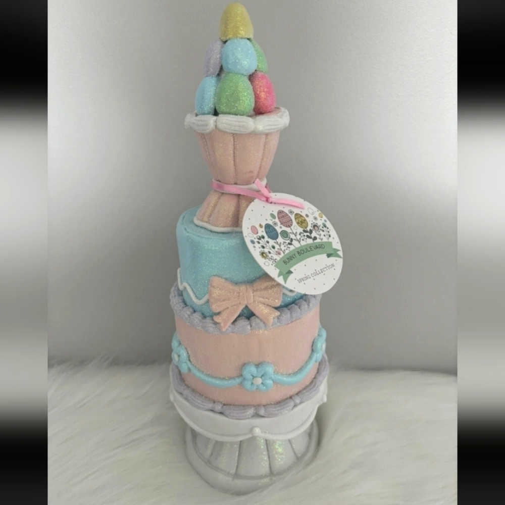 Easter 3 Tier Pedestal Cake Gingerbread Egg Sugar Clay Pastel Coquette Bow NEW